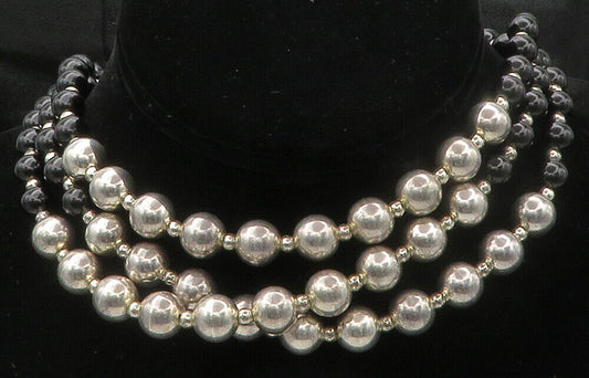 925 Sterling Silver -  Vintage Black Onyx Shiny Beaded Chain Necklace - NE2467