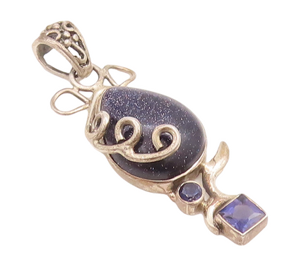 925 Sterling Silver Vintage Pendant Drop Goldstone Swirl Carved Amethyst PT22856