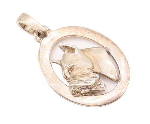 925 Sterling Silver Vintage Pendant Cutout Carved Framed Sad Dog Face  PT23019
