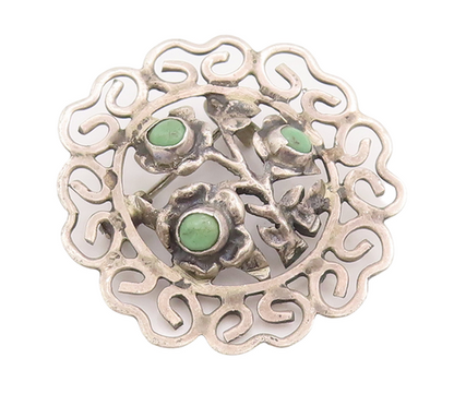 925 Sterling Silver Vintage Brooch Pin Cutout Round Turquoise Flower  BP11123