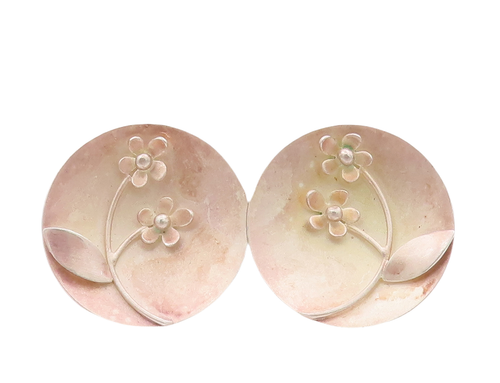 925 Sterling Silver Vintage Earrings Solid Round Plate Carved Flowers   EG13042