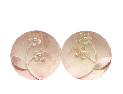 925 Sterling Silver Vintage Earrings Solid Round Plate Carved Flowers   EG13042