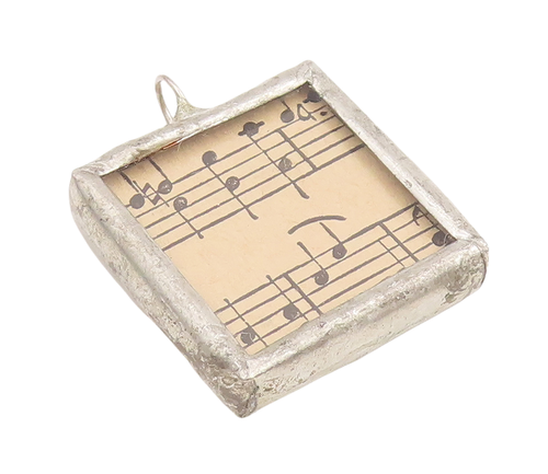 925 Sterling Silver Vintage Pendant Antique Framed Square Musical Sheets PT22878