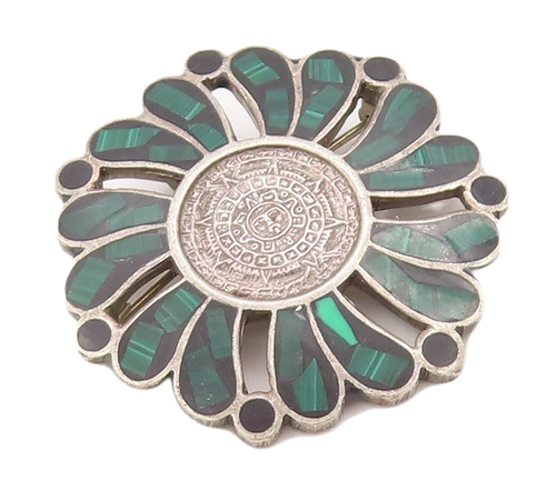 925 Sterling Silver Vintage Brooch Pin MEXICO Malachite Celtic Flower  BP10953