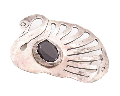 925 Sterling Silver Vintage Brooch Pin Solid Cutout Onyx Swan  BP11122