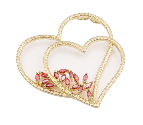 925 Sterling Silver Vintage Pendant Gold Plated Red CZ Cutout 2 Hearts   PT23092