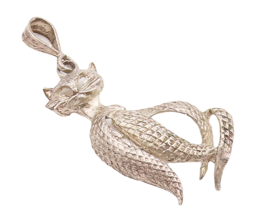 925 Sterling Silver Vintage Pendant Solid Dented Carved Designer Cat   PT22975