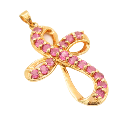 925 Sterling Silver Vintage Pendant Gold Plated Swirled Pink CZ Cross  PT23140
