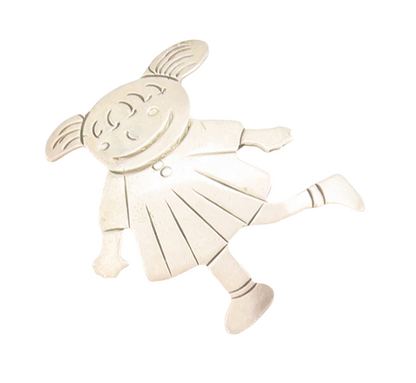 925 Sterling Silver Vintage Brooch Pin MEXICO Solid Etched Cartoon Girl  BP11062