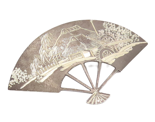 925 Sterling Silver Vintage Brooch Pin 1957 Japan Landscape Etched Fan  BP11090