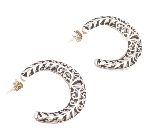 925 Sterling Silver Vintage Earrings Solid Swirly Carved Open Hoops  EG12983