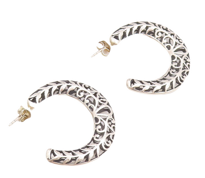 925 Sterling Silver Vintage Earrings Solid Swirly Carved Open Hoops  EG12983