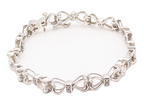 925 Sterling Silver Vintage Bracelet Cutout Real Diamonds Linked Hearts  BT10532