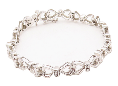 925 Sterling Silver Vintage Bracelet Cutout Real Diamonds Linked Hearts  BT10532