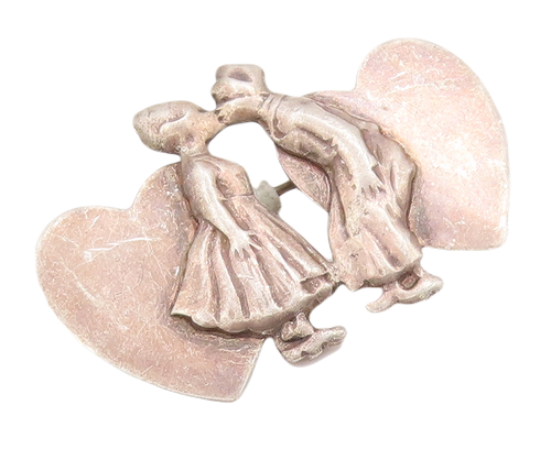 925 Sterling Silver Vintage Brooch Pin Kissing Lover With Carved Hearts  BP10986