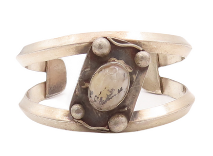 925 Sterling Silver Vintage Bracelet Antique Milky Cabochon Cutout Cuff  BT10524