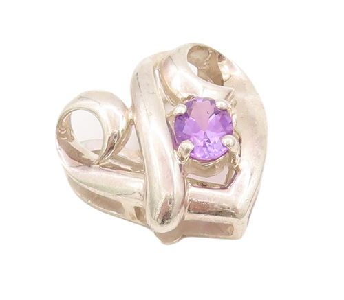 925 Sterling Silver Vintage Pendant Swirled Carved Amethyst Love Heart  PT23069