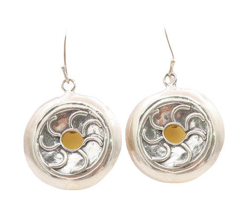 925 Sterling Silver Vintage Earrings Dangling Solid Carved Car Wheel   EG13041