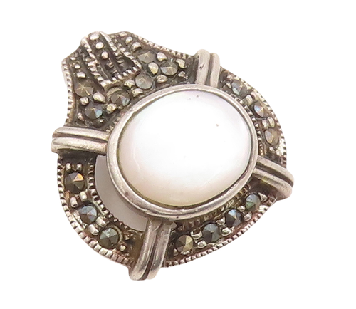 925 Sterling Silver Vintage Pendant Oval Mother Of Pearls & Marcasite  PT23089