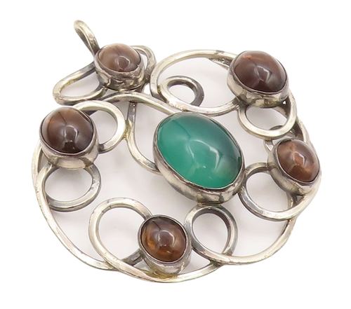 925 Sterling Silver Vintage Pendant TEPPICH ISRAEL Loop Carved Gemstones PT23114