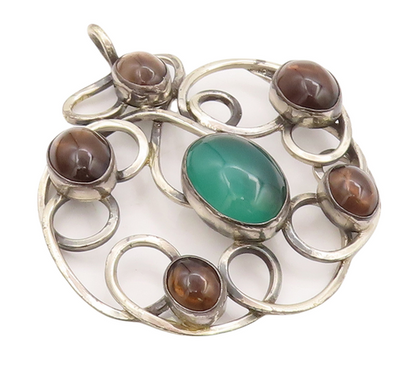 925 Sterling Silver Vintage Pendant TEPPICH ISRAEL Loop Carved Gemstones PT23114