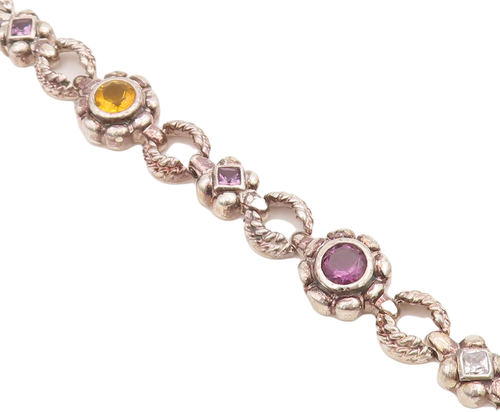 925 Sterling Silver Vintage Bracelet Amethyst Flowers & Ring Linked  BT10591