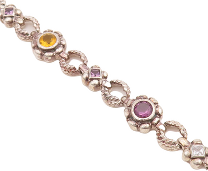 925 Sterling Silver Vintage Bracelet Amethyst Flowers & Ring Linked  BT10591