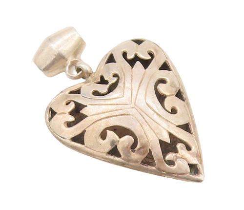925 Sterling Silver Vintage Pendant Solid Large Swirly Carved Heart  PT23183