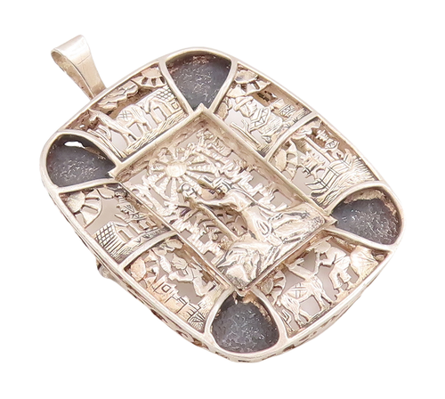 925 Sterling Silver Vintage Brooch Pin Egyptian Tribal Life Carved   BP11106