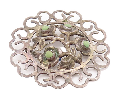 925 Sterling Silver Vintage Brooch Pin MEXICO Antique Turquoise Flower  BP10954