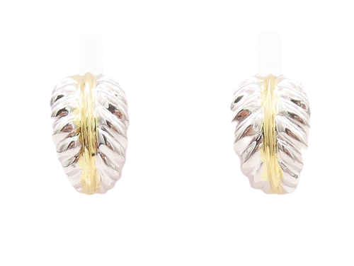 925 Sterling Silver Vintage Earrings Solid Carved Leaf Open Hoops  EG12994