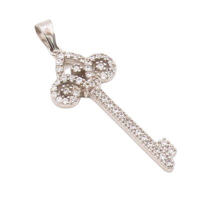 925 Sterling Silver Vintage Pendant Swirly Cutout Carved CZ Inlay Key  PT23102