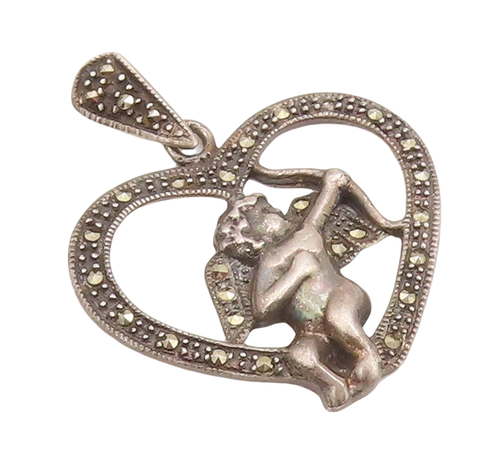 925 Sterling Silver Vintage Pendant Marcasite Flying Angle Heart Border  PT23103