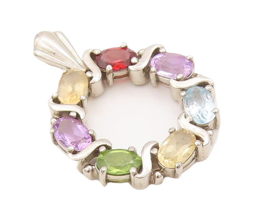 925 Sterling Silver Vintage Pendant Multi Color CZ Swirled Carved Ring  PT23073