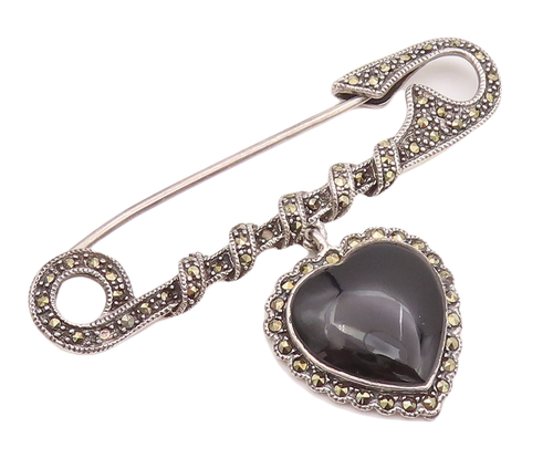 925 Sterling Silver Vintage Cloth Clip Marcasite & Dangling Onyx Heart  TR3743
