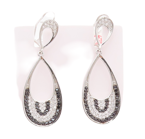 925 Sterling Silver Vintage Earrings Drop Shape Designer Onyx & CZ Bands EG12968