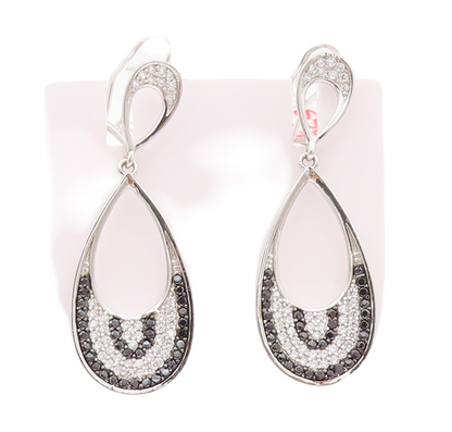 925 Sterling Silver Vintage Earrings Drop Shape Designer Onyx & CZ Bands EG12968