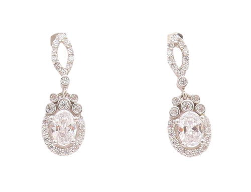925 Sterling Silver Vintage Earrings Carved Eye Shape & Dangling Oval CZ EG13006