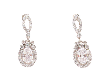 925 Sterling Silver Vintage Earrings Carved Eye Shape & Dangling Oval CZ EG13006