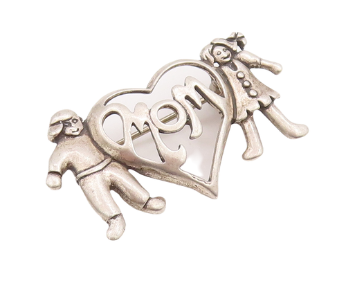 925 Sterling Silver Vintage Brooch Pin Love Mom Cutout With Children  BP11109