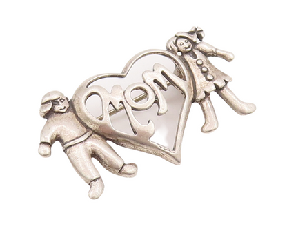 925 Sterling Silver Vintage Brooch Pin Love Mom Cutout With Children  BP11109