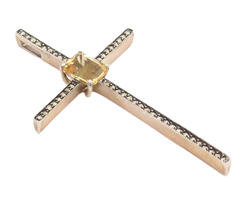 925 Sterling Silver Vintage Pendant Marcasite Yellow CZ Religious Cross  PT22854