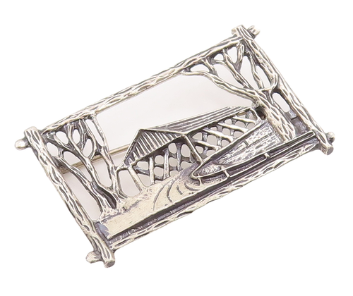925 Sterling Silver Vintage Brooch Pin BEAU Cutout County House  BP11138