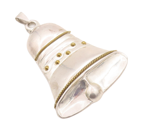 925 Sterling Silver Vintage Pendant MEXICO Large Carved Christmas Bell  PT23155