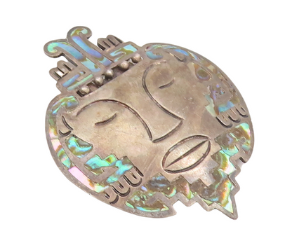925 Sterling Silver Vintage Brooch Pin MEXICO Etched Abalone Inlay Face  BP11145