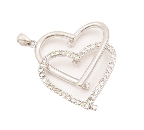 925 Sterling Silver Vintage Pendant CZ Beaded Double Heart Cutout   PT23148