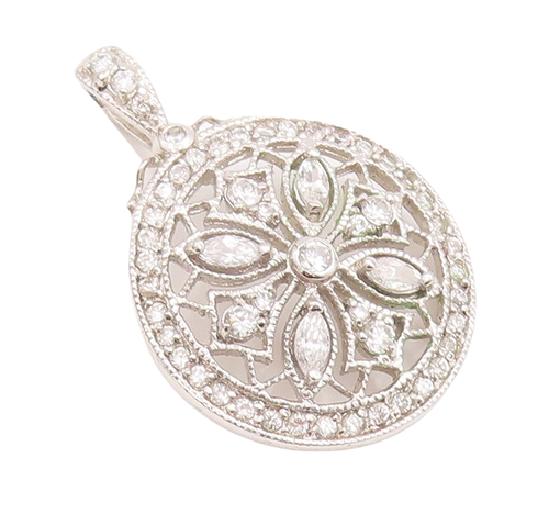 925 Sterling Silver Vintage Pendant Round CZ Inlay Cutout Floral Design  PT23248