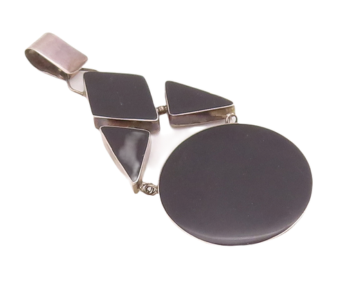 925 Sterling Silver Vintage Pendant Geometrical Shapes Cutout Inlay Onyx PT22840