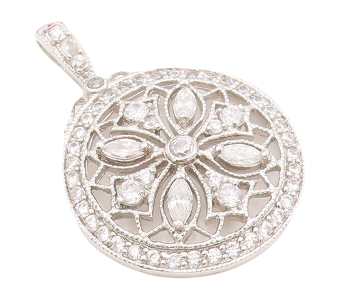 925 Sterling Silver Vintage Pendant Cutout CZ Inlay Carved Flower  PT23078