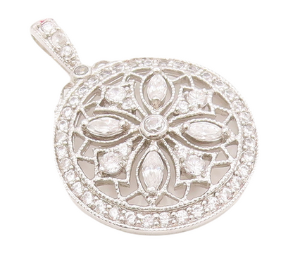 925 Sterling Silver Vintage Pendant Cutout CZ Inlay Carved Flower  PT23078